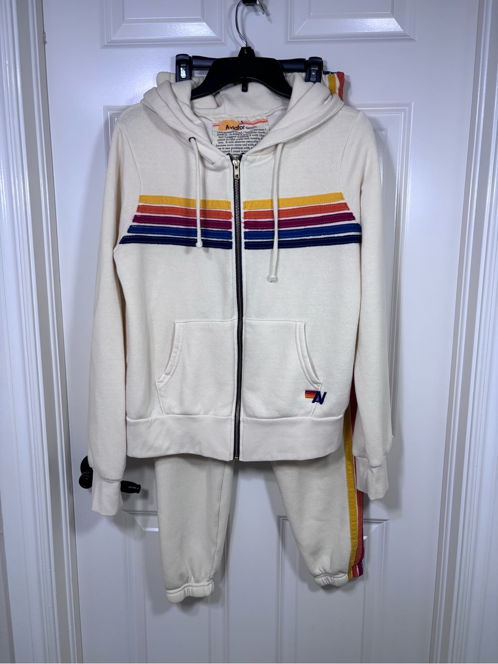 Aviator Nation 5 Stripe Zip Hoodie and Sweatpants Set Women’s S Cream